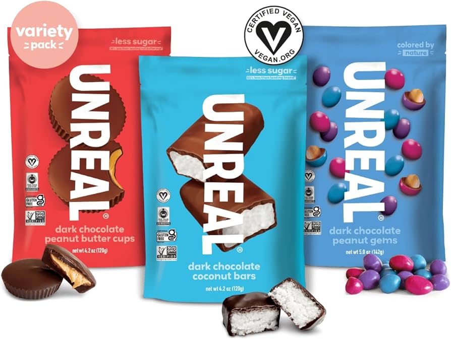 UNREAL Assorted Flavor Variety Pack with less sugar Fair Trade Non-GMO ingredients no corn syrup