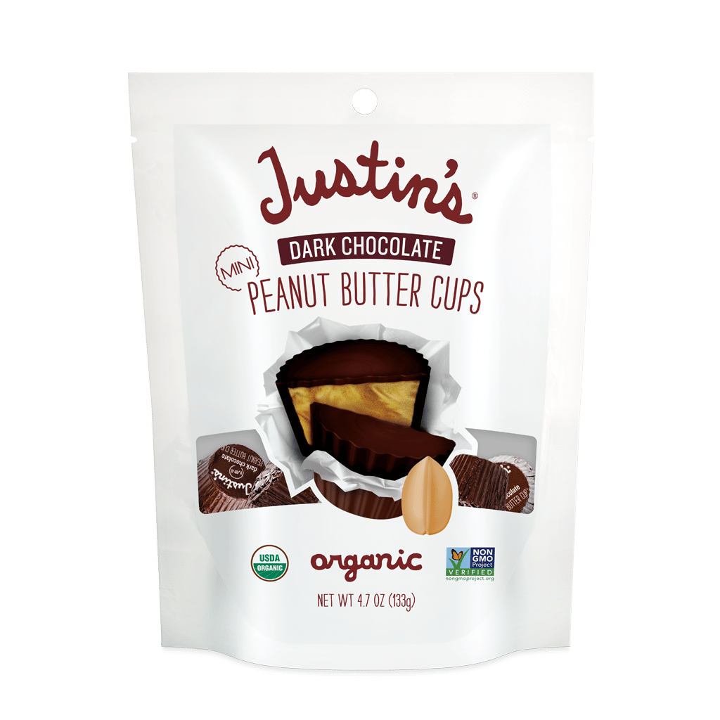 Justin's Mini Dark Chocolate Peanut Butter Cups USDA Organic packaging on white background