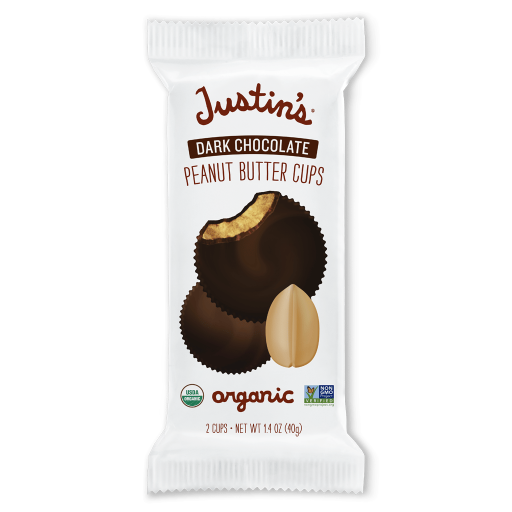 Justin's dark chocolate peanut butter cups organic packaging with USDA Organic seal