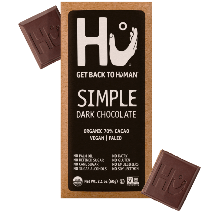 Hu Kitchen Simple Dark Chocolate bar organic paleo vegan retail packaging