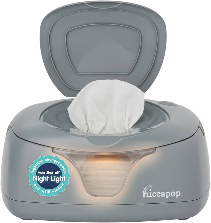 Hiccapop baby wipe warmer and wet wipes dispenser in gray with changing light