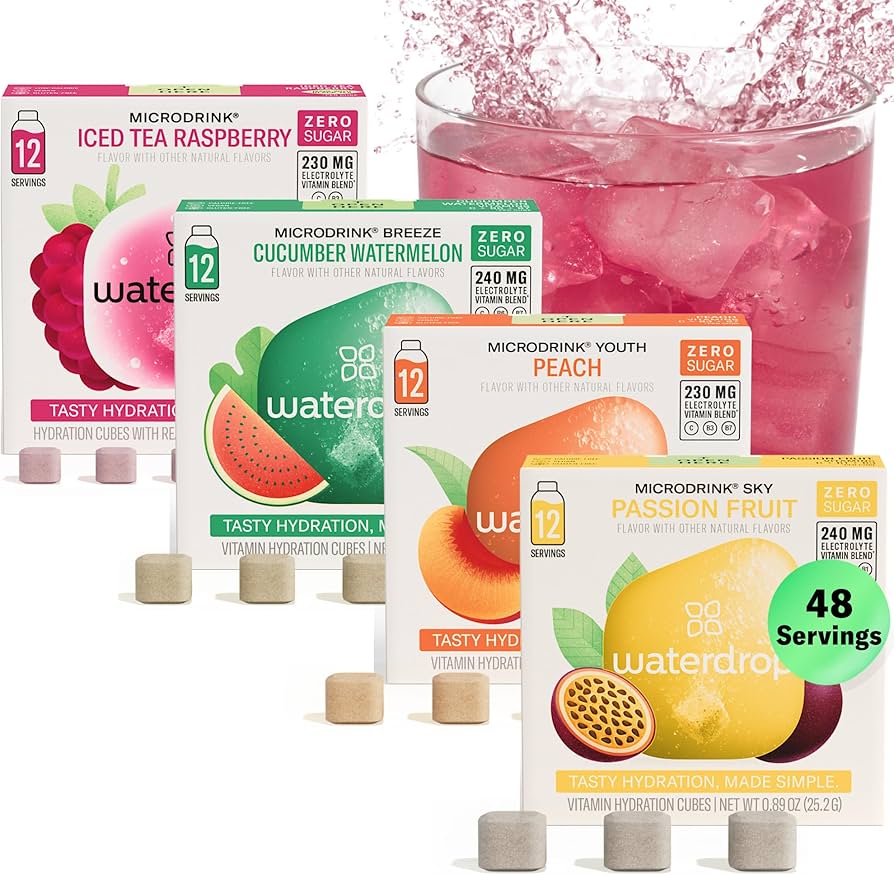 Waterdrop hydration cubes variety pack with electrolytes and vitamin C on white background