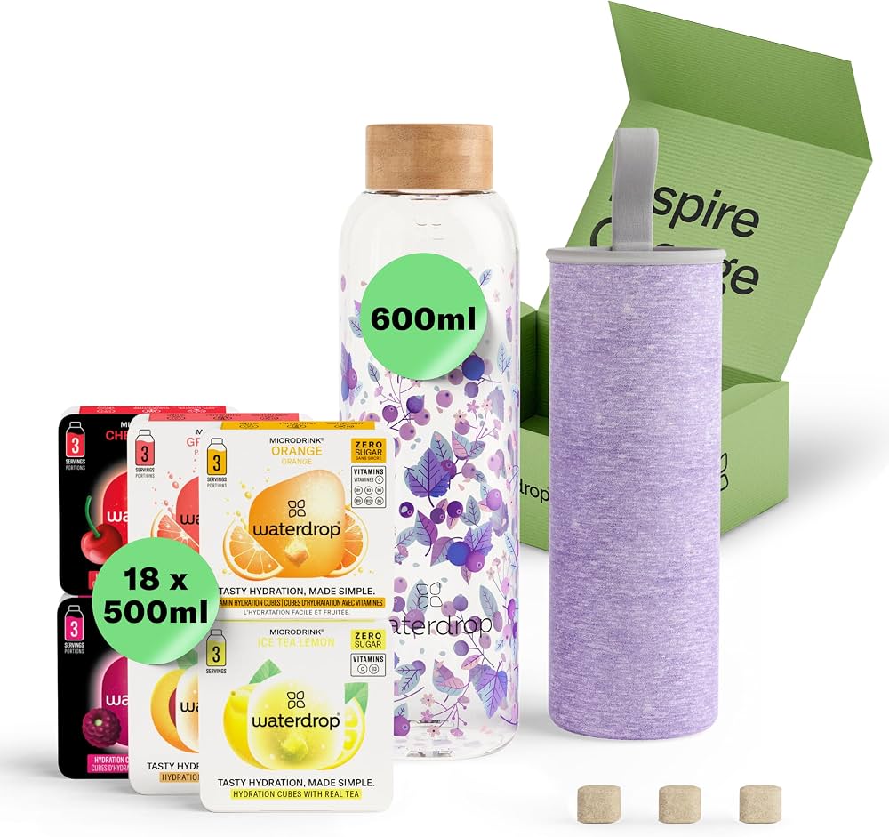 Waterdrop glass tasting set with 600ml bottle and 18 drinking cubes in six flavors