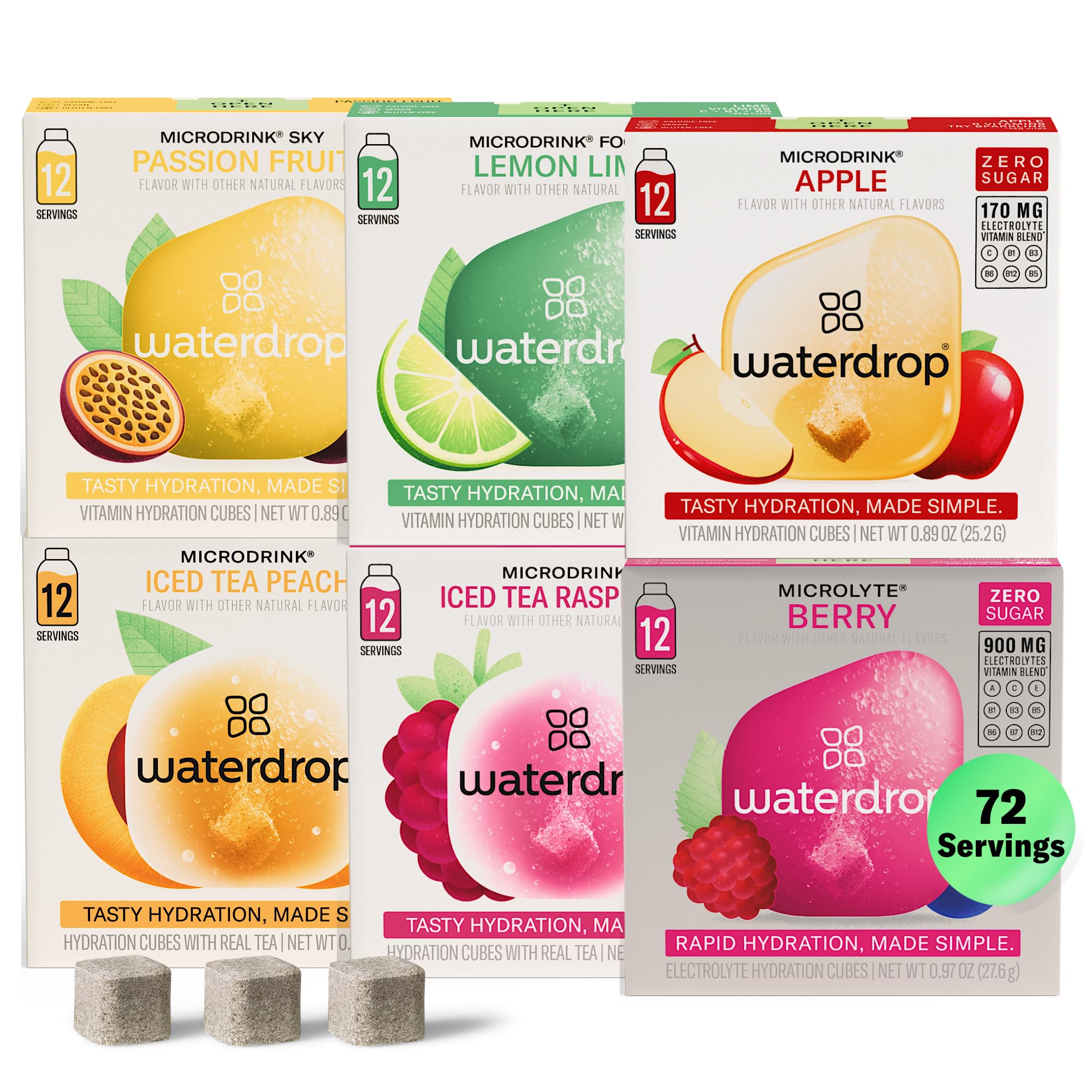 Waterdrop 6-flavor electrolyte variety pack with 72 hydration cubes in colorful packaging