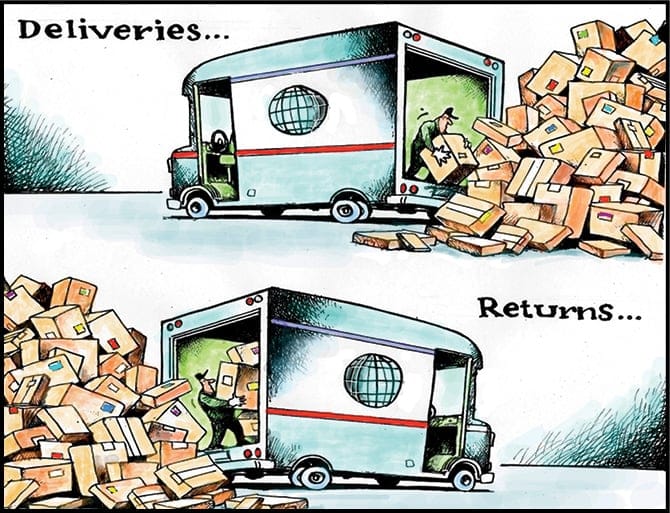 Online shopping return packages stacked showing the complexity of e-commerce returns process