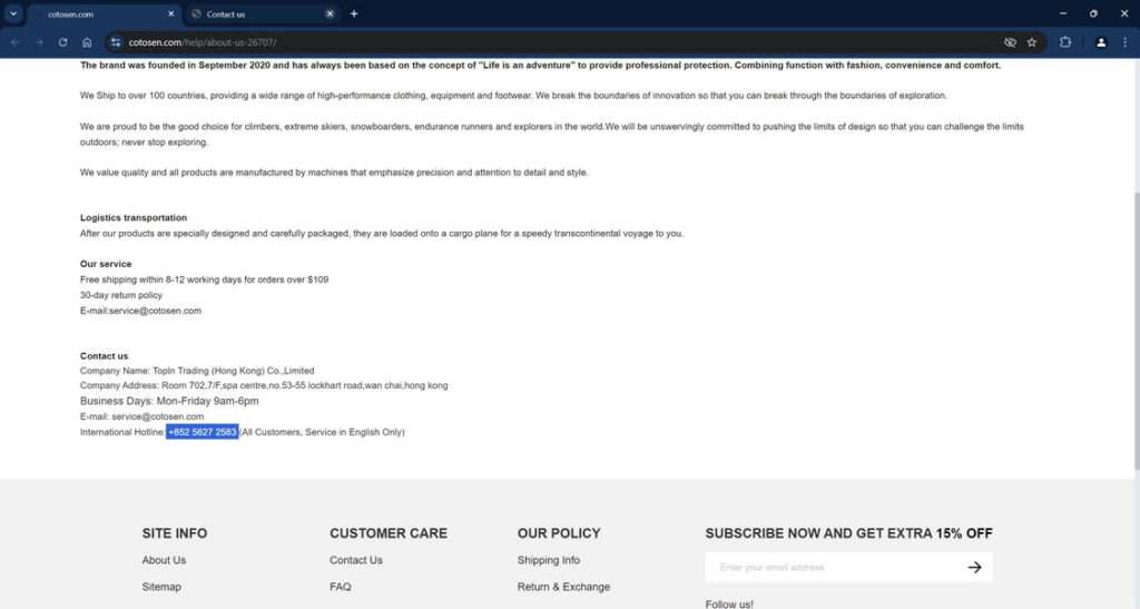 Cotosen website review analysis showing scam warning indicators