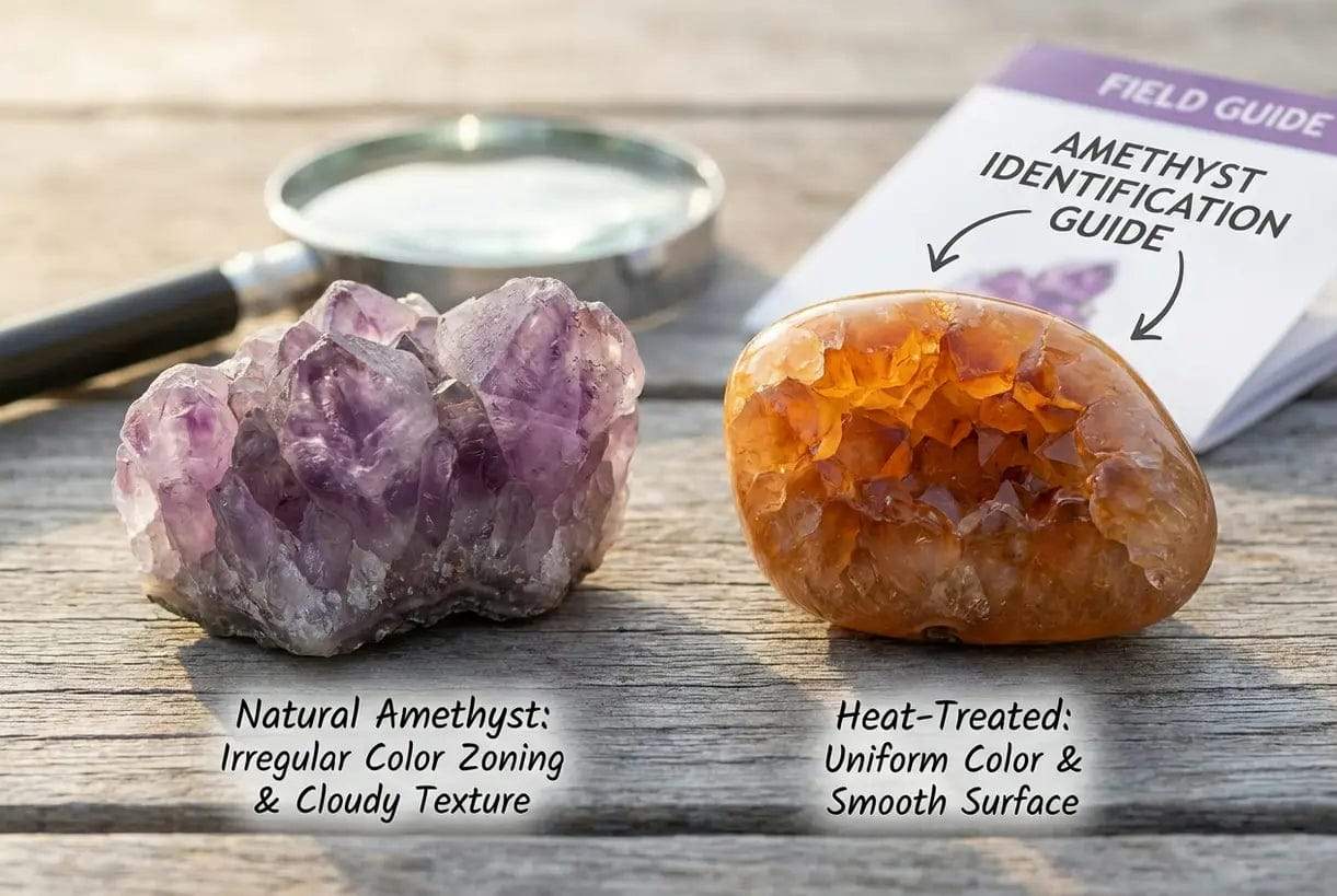 Natural citrine compared with heat-treated amethyst showing color differences and authenticity issue