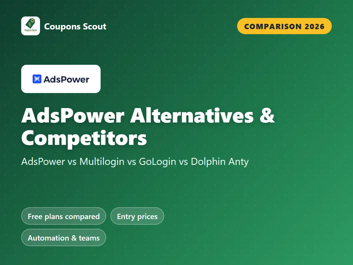 AdsPower vs Multilogin vs GoLogin vs Dolphin Anty comparison cover for 2026 by Coupons Scout