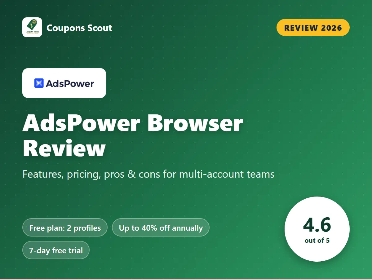AdsPower Browser review 2026 cover with score 4.6 out of 5 by Coupons Scout