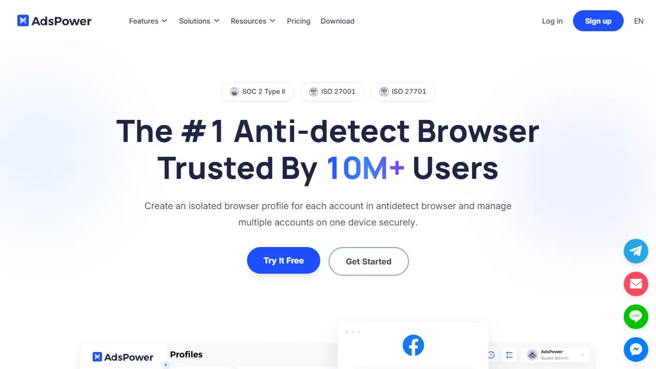 AdsPower antidetect browser homepage showing SOC 2 Type II, ISO 27001 and ISO 27701 badges and the Try It Free button
