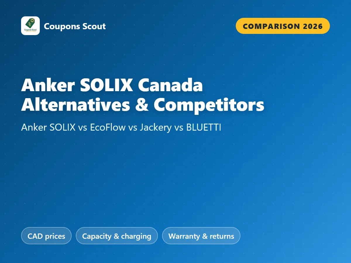 Anker SOLIX Canada vs EcoFlow vs Jackery vs BLUETTI portable power station comparison cover for 2026 by Coupons Scout