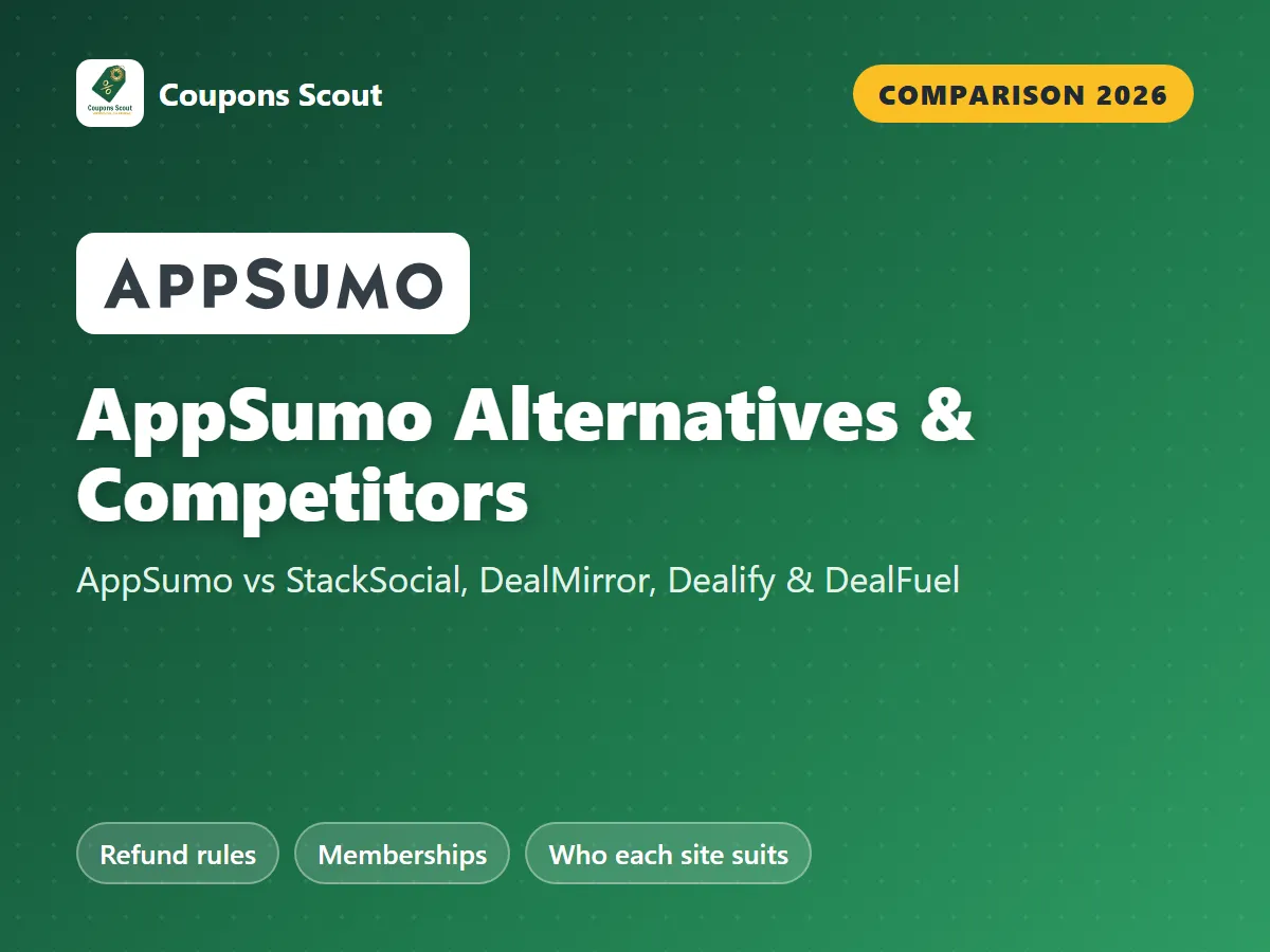 AppSumo vs StackSocial vs DealMirror vs Dealify vs DealFuel comparison cover for 2026 by Coupons Scout