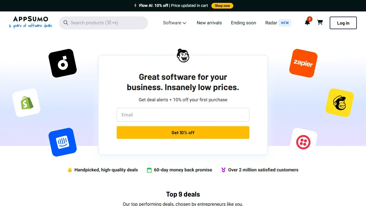 AppSumo homepage showing a 60-day money back promise and 10% off the first purchase for new subscribers
