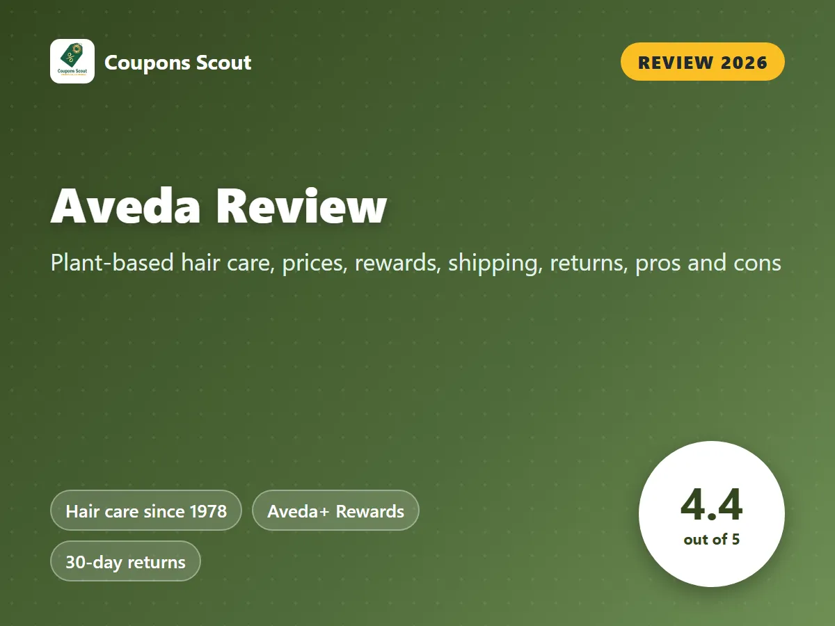 Aveda review 2026 cover with score 4.4 out of 5 by Coupons Scout