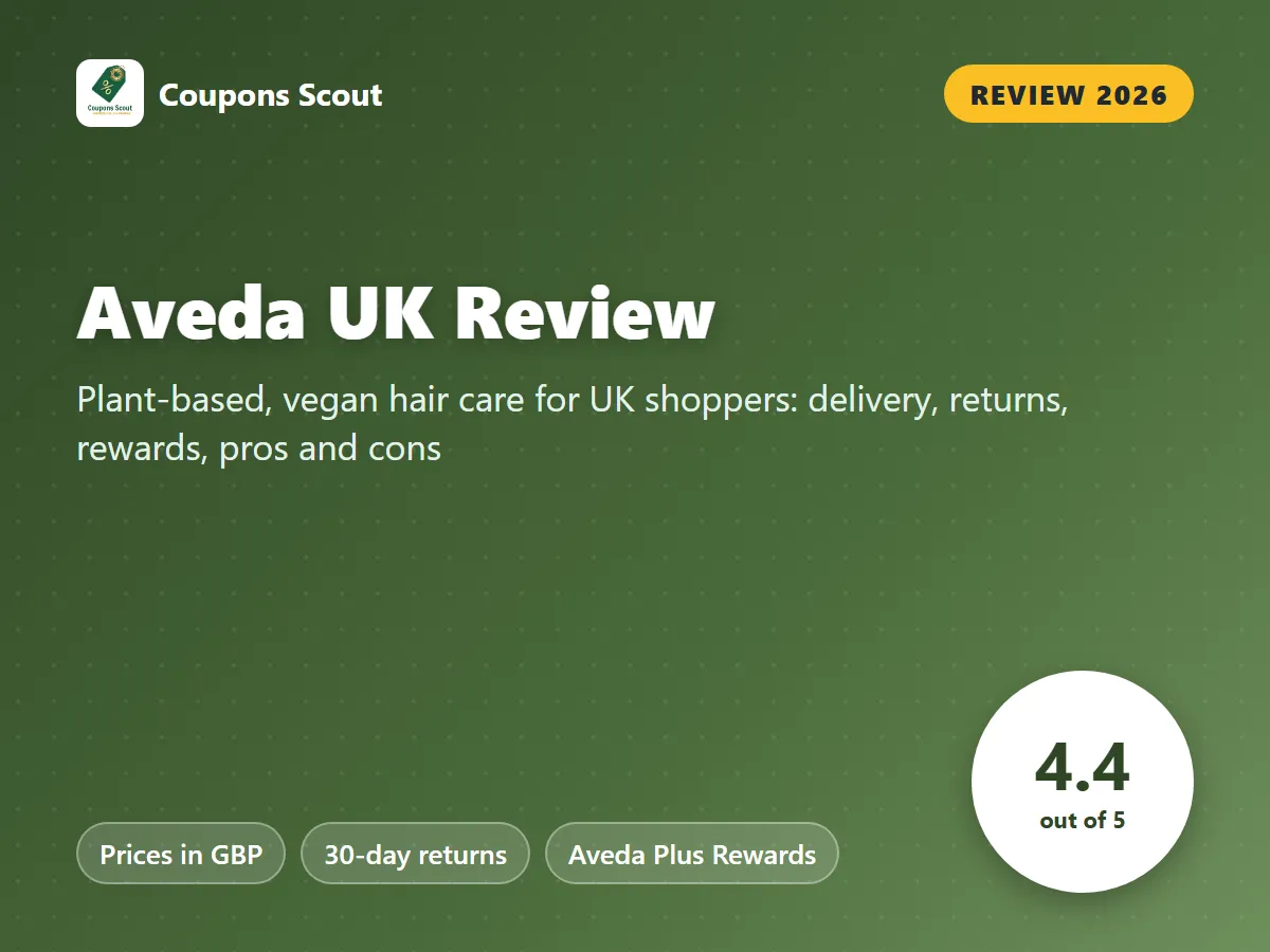 Aveda UK review 2026 cover with score 4.4 out of 5 by Coupons Scout