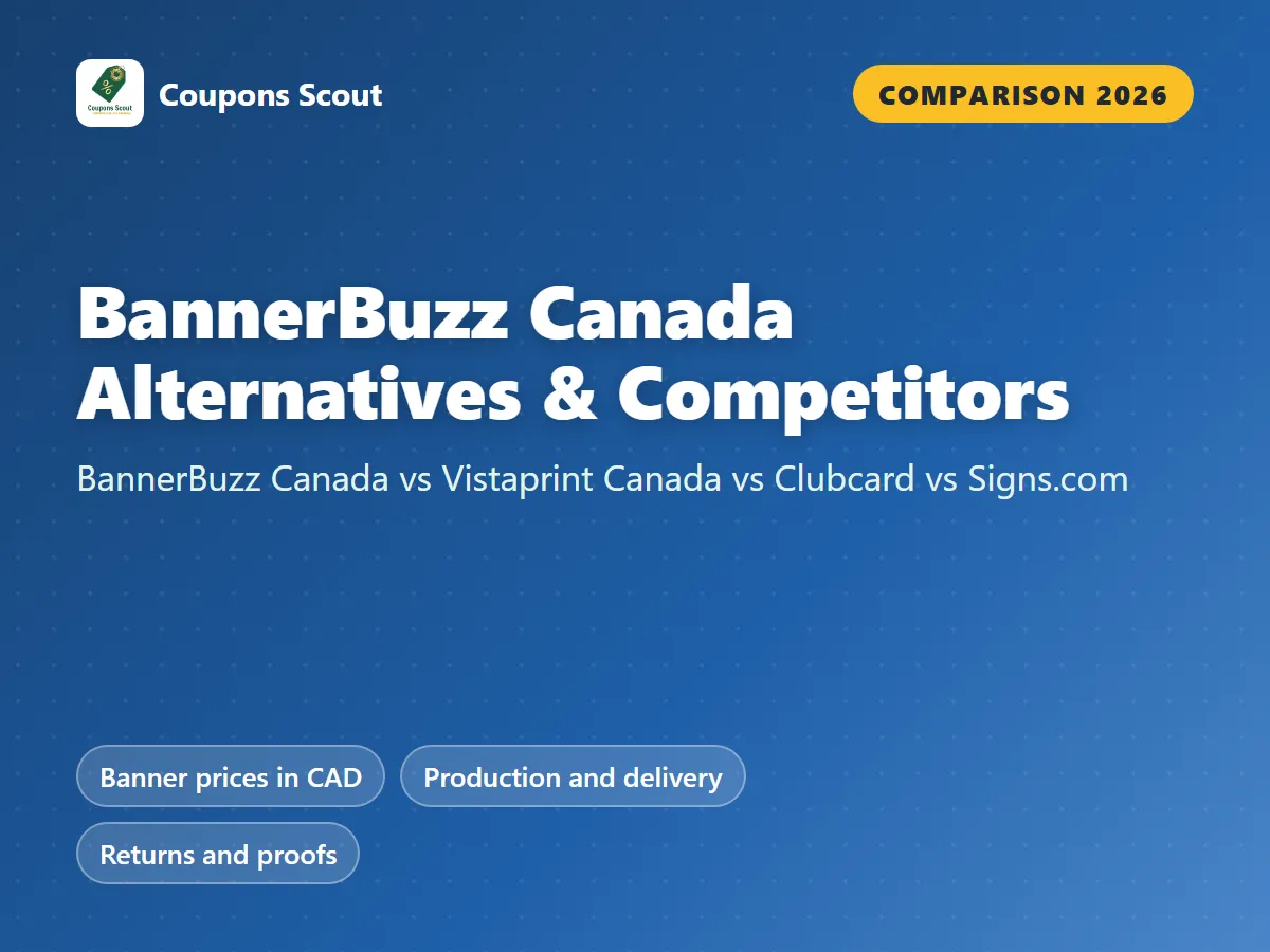BannerBuzz Canada vs Vistaprint Canada vs Clubcard vs Signs.com comparison cover for 2026 by Coupons Scout
