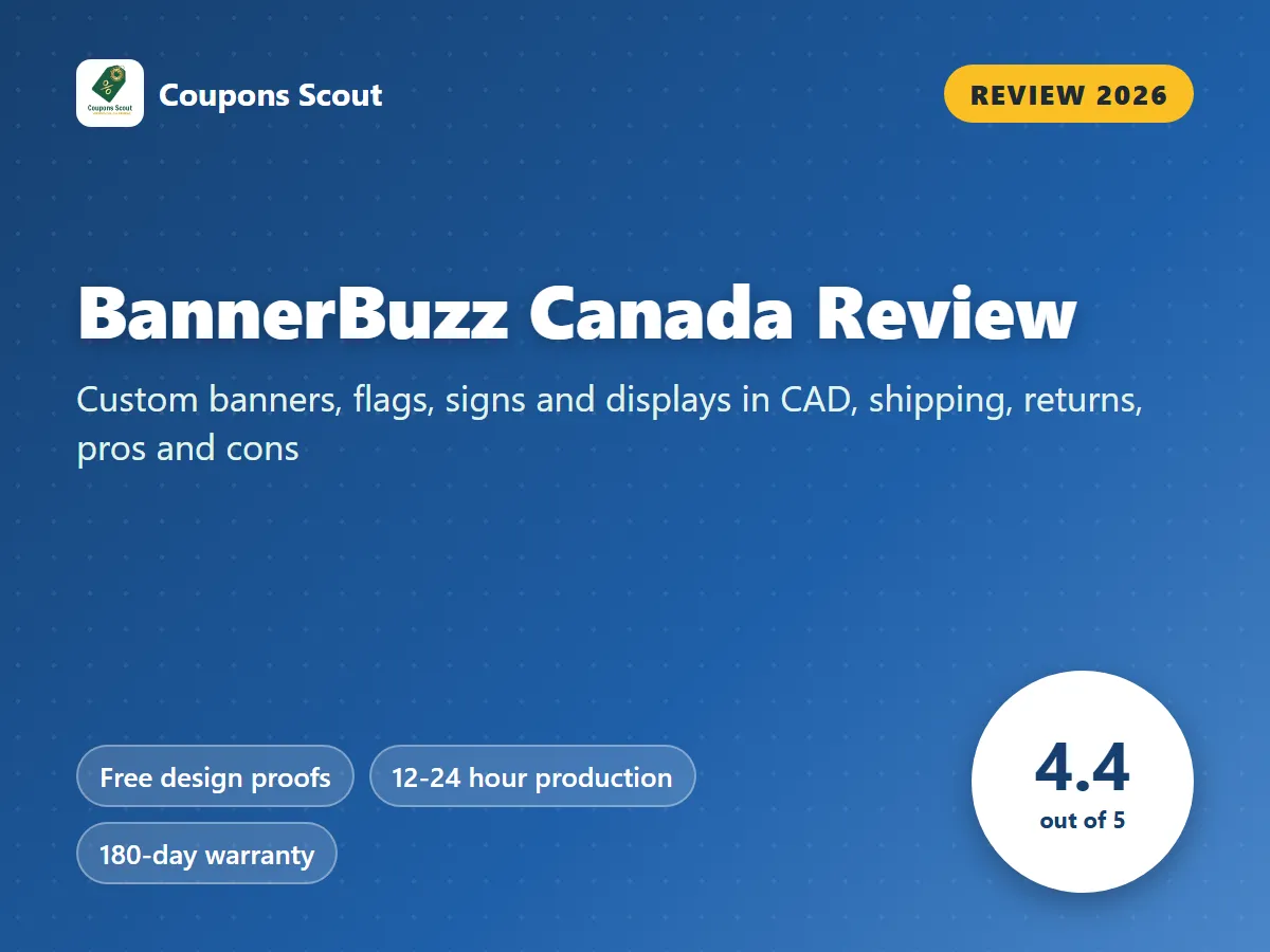 BannerBuzz Canada review 2026 cover with score 4.4 out of 5 by Coupons Scout