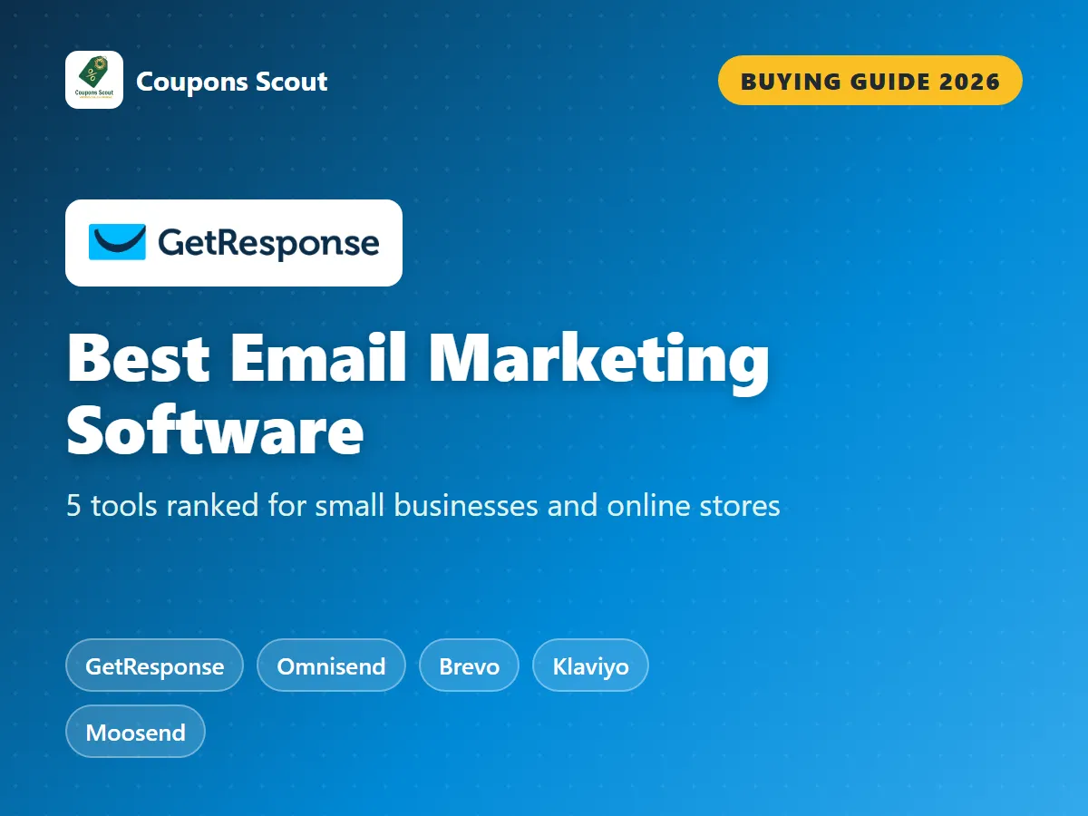 Best email marketing software for small business 2026 guide cover ranking GetResponse, Omnisend, Brevo, Klaviyo and Moosend