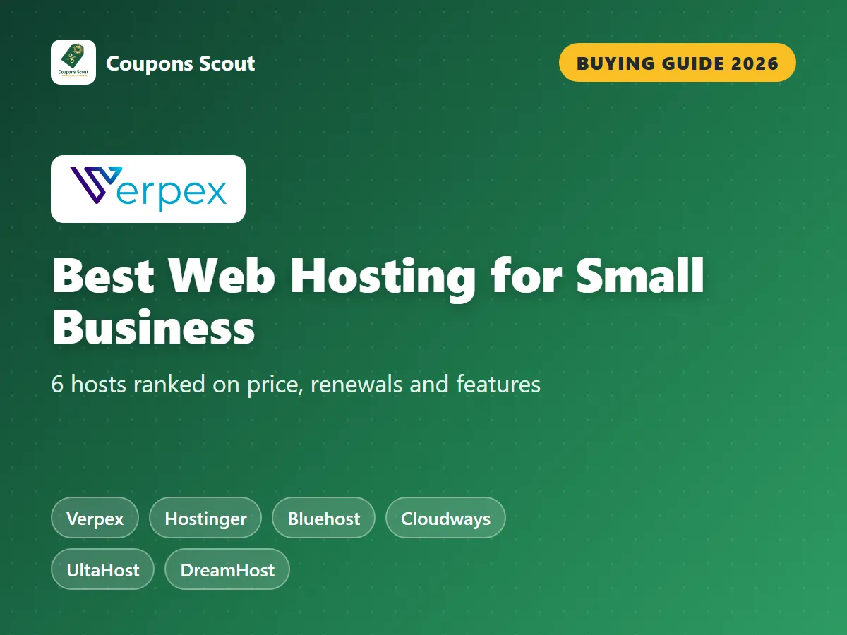 Best web hosting for small business 2026 guide cover ranking Verpex, Hostinger, Bluehost, Cloudways and UltaHost