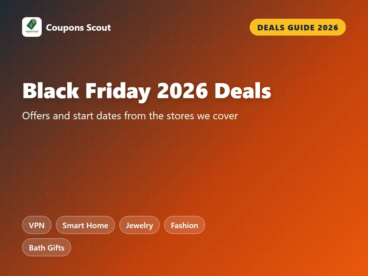 Black Friday 2026 deals guide from Coupons Scout covering VPN, smart home, jewelry, fashion and bath gift stores