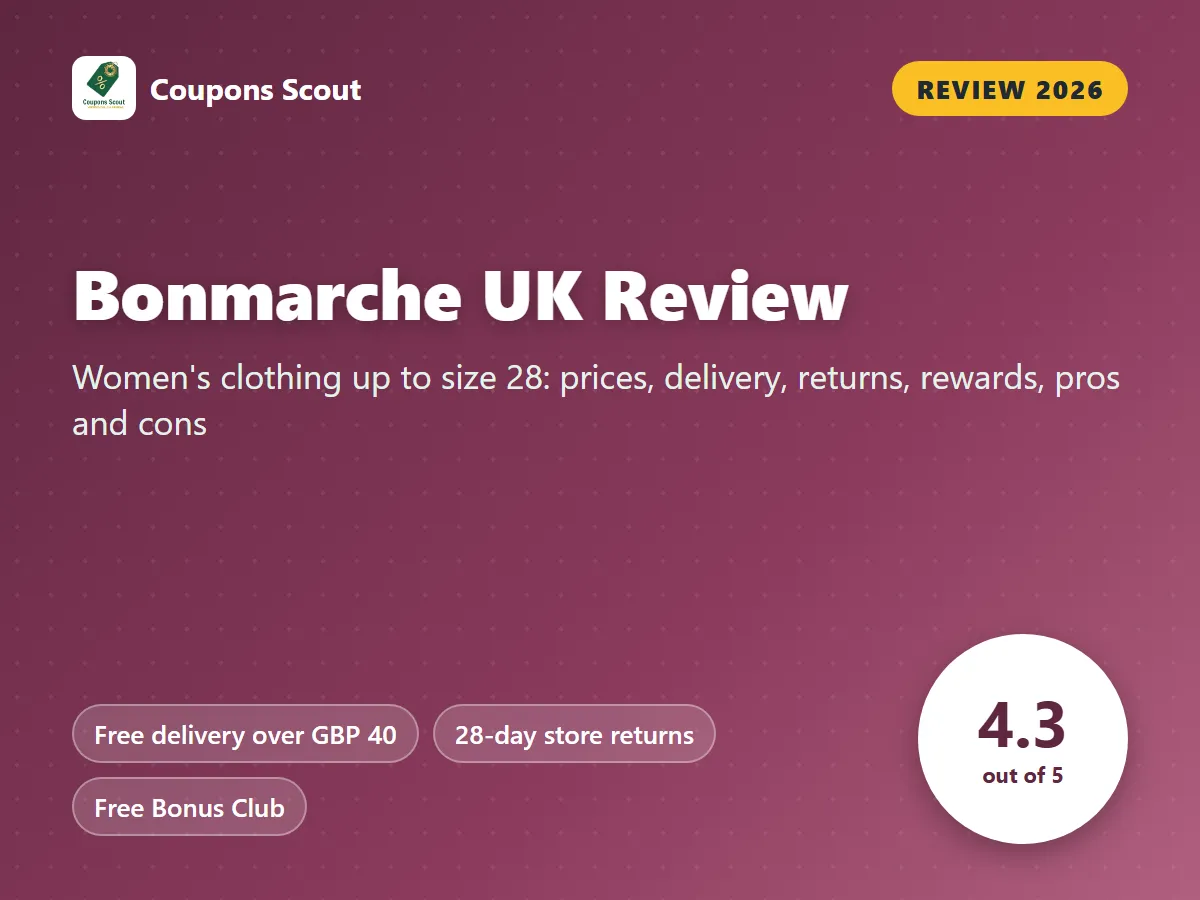Bonmarche UK review 2026 cover with score 4.3 out of 5 by Coupons Scout