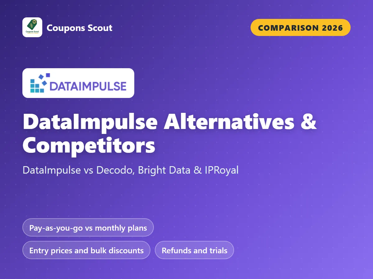 DataImpulse vs Decodo vs Bright Data vs IPRoyal comparison cover for 2026 by Coupons Scout