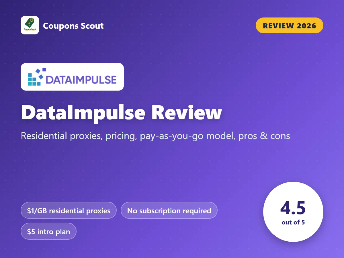 DataImpulse review 2026 cover with score 4.5 out of 5 by Coupons Scout