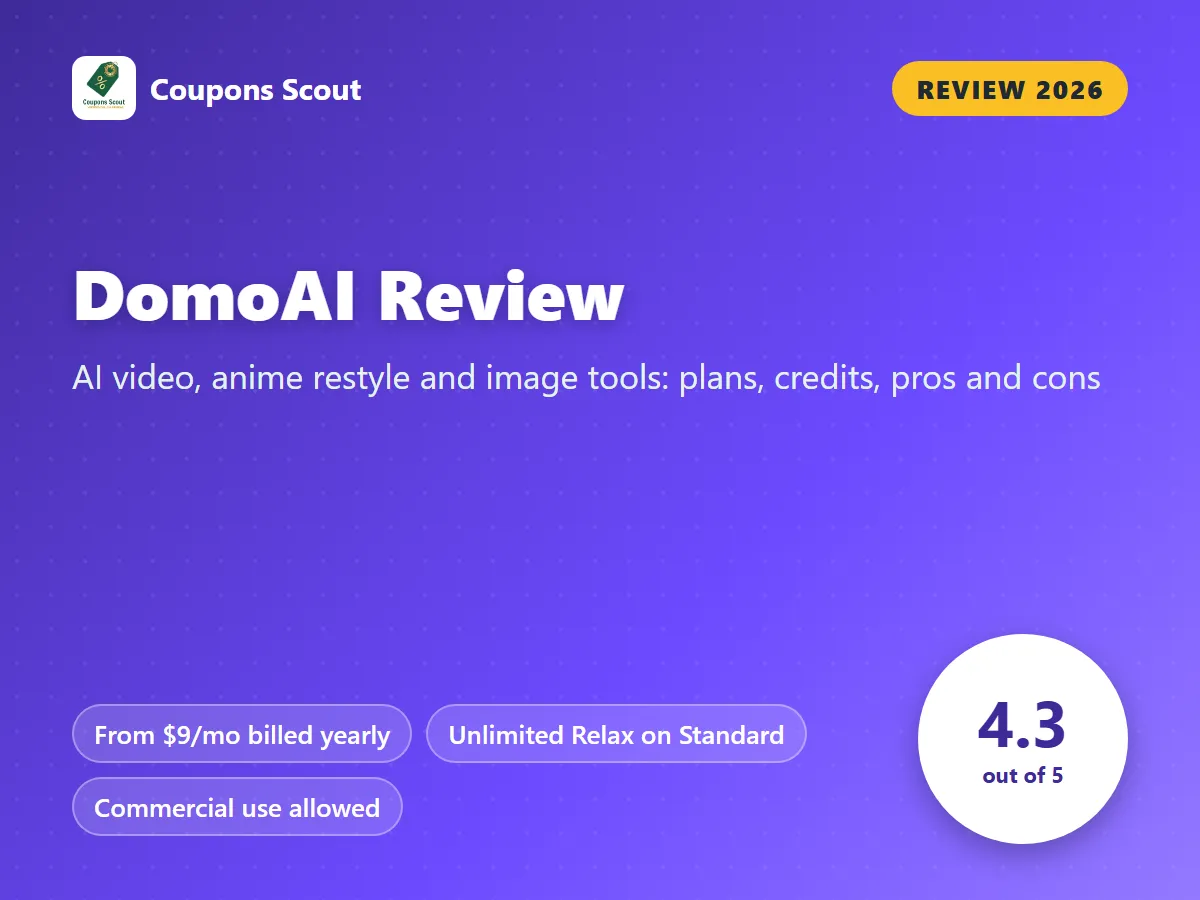 DomoAI review 2026 cover with score 4.3 out of 5 by Coupons Scout