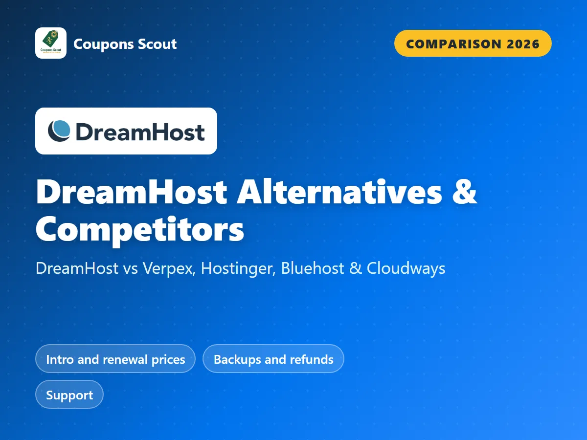 DreamHost vs Verpex vs Hostinger vs Bluehost vs Cloudways comparison cover for 2026 by Coupons Scout