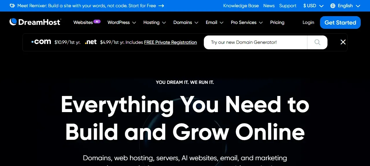 DreamHost homepage with the headline Everything You Need to Build and Grow Online and a domain search