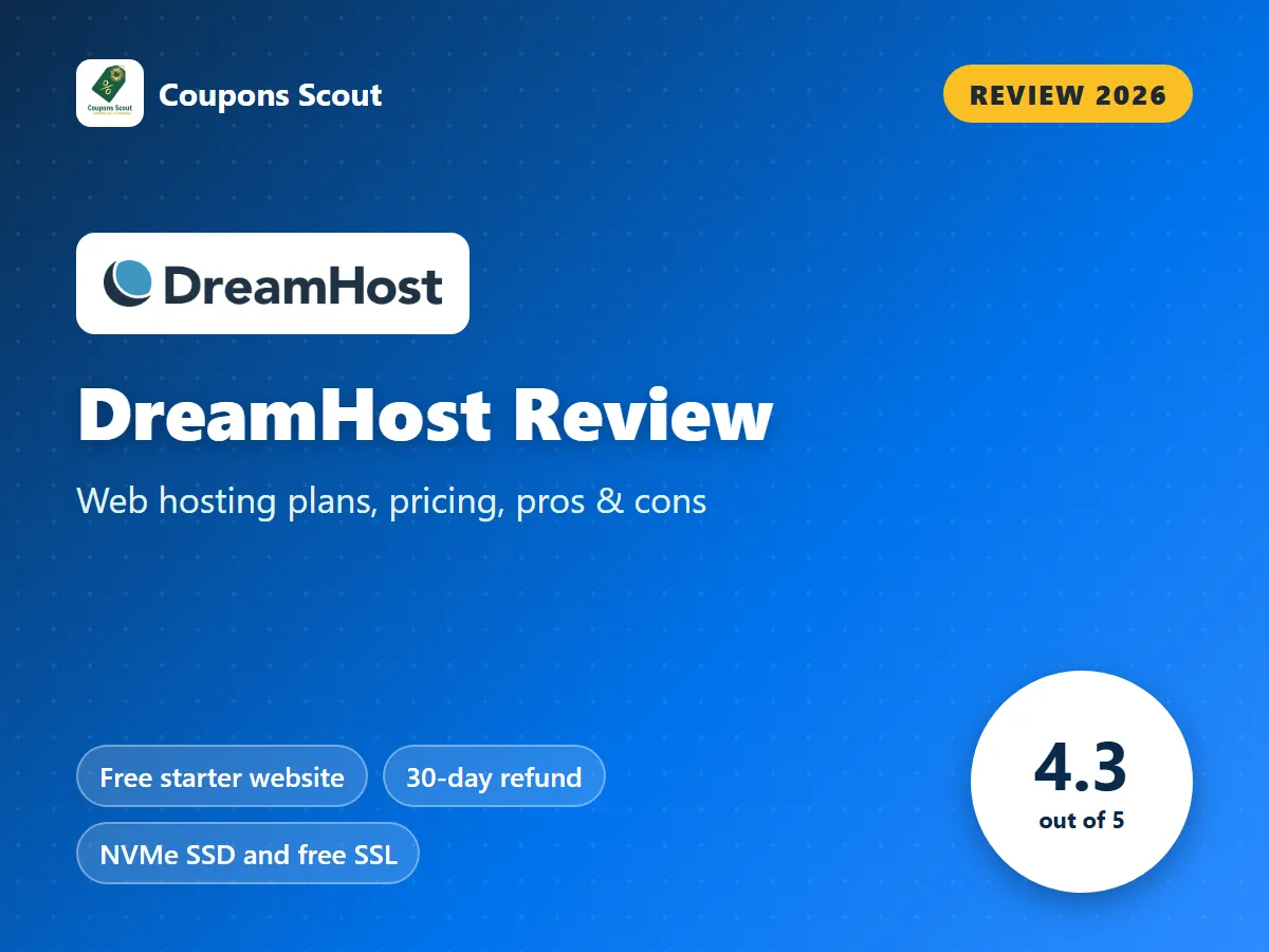 DreamHost review 2026 cover with score 4.3 out of 5 by Coupons Scout