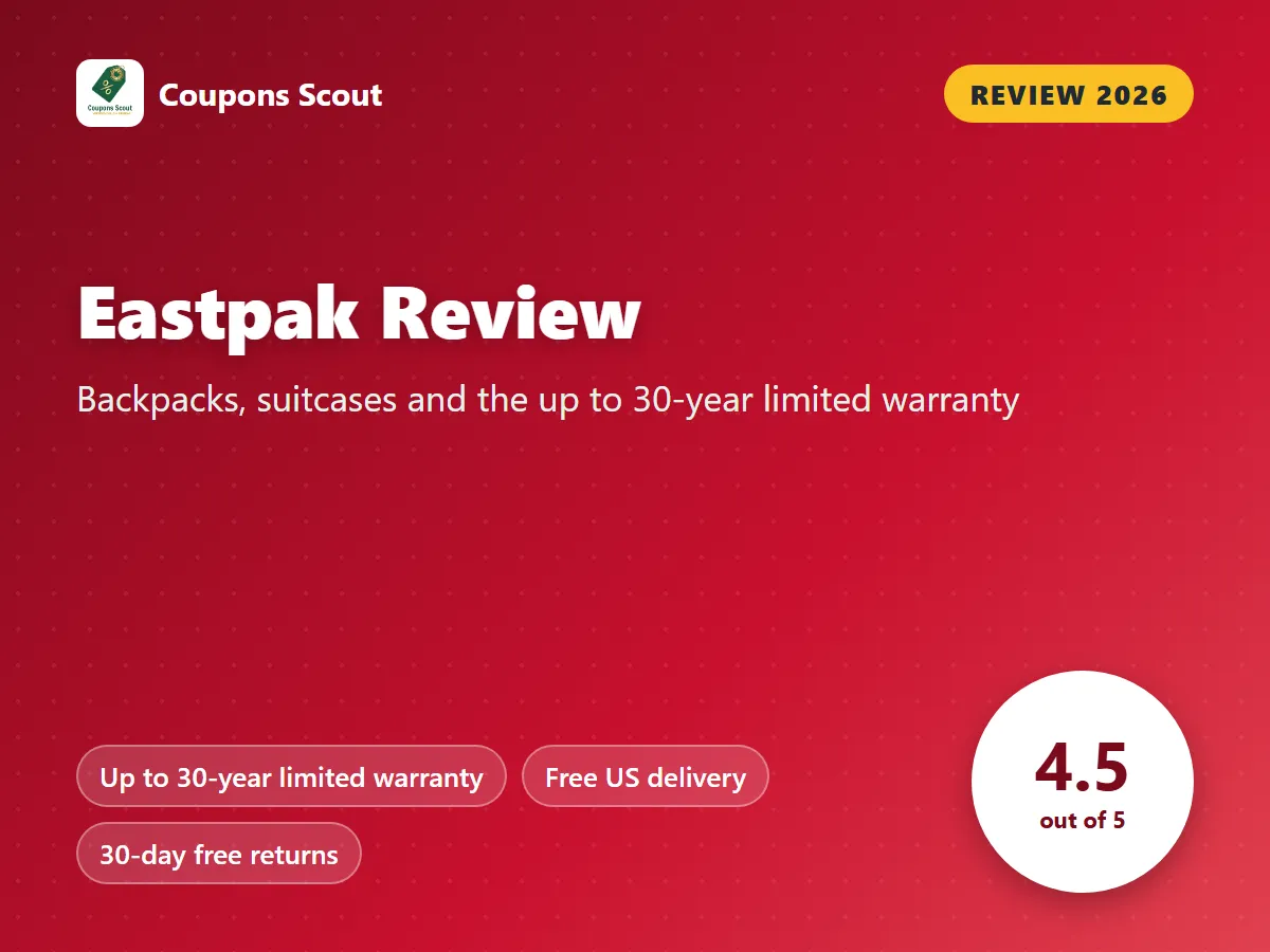 Eastpak review 2026 cover with score 4.5 out of 5 by Coupons Scout