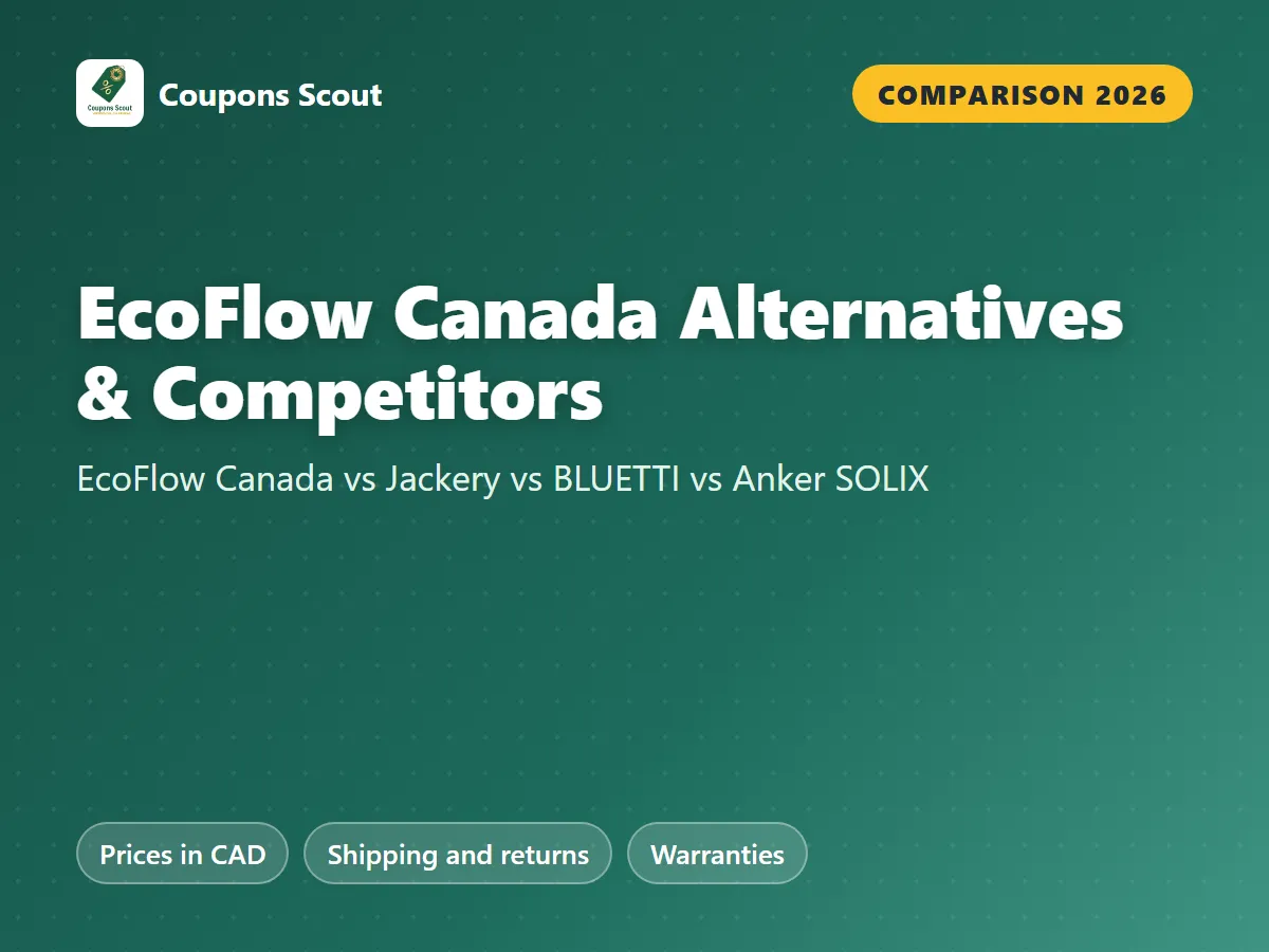 EcoFlow Canada vs Jackery vs BLUETTI vs Anker SOLIX comparison cover for 2026 by Coupons Scout