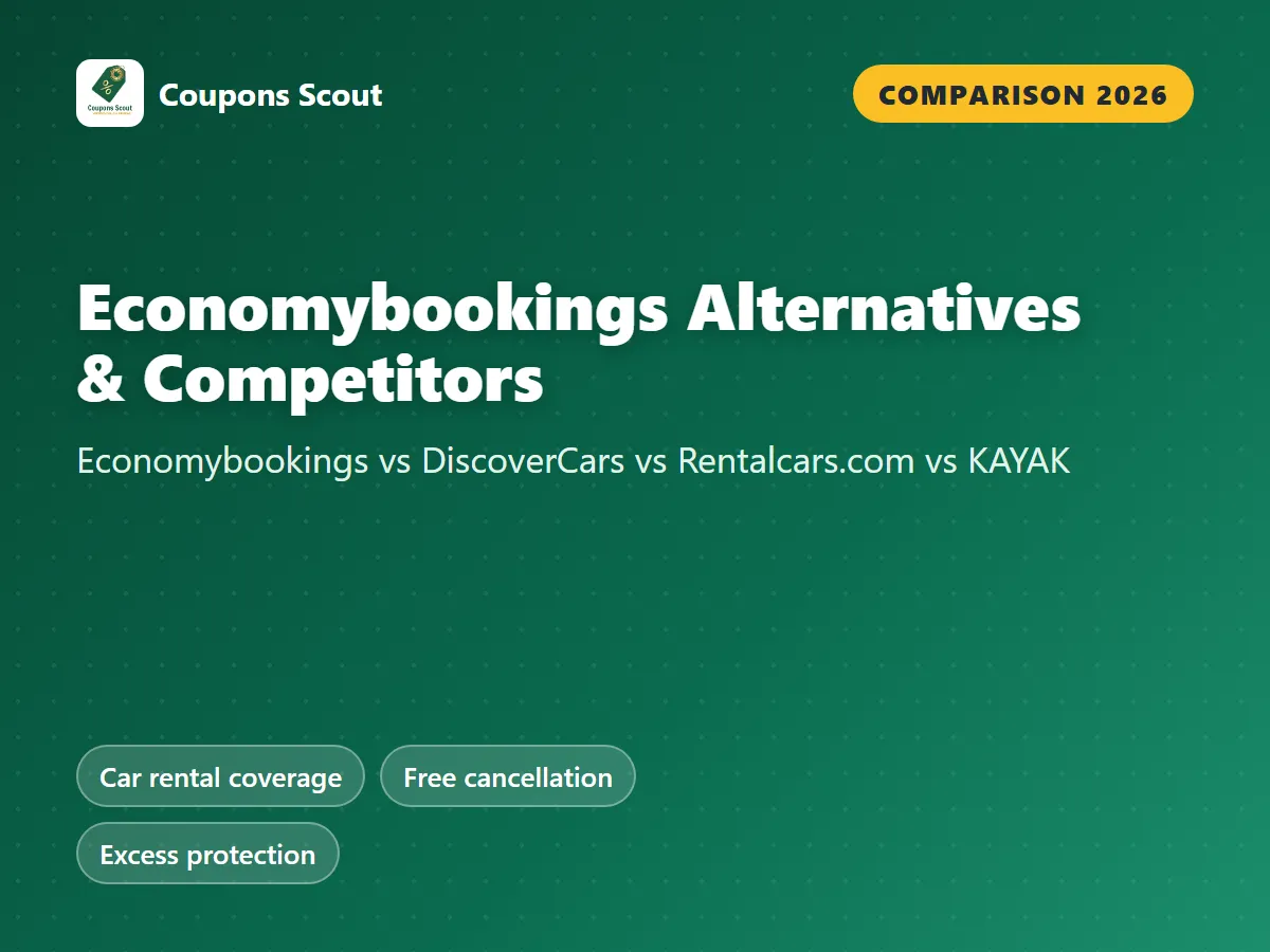 Economybookings vs DiscoverCars vs Rentalcars.com vs KAYAK car rental comparison cover for 2026 by Coupons Scout
