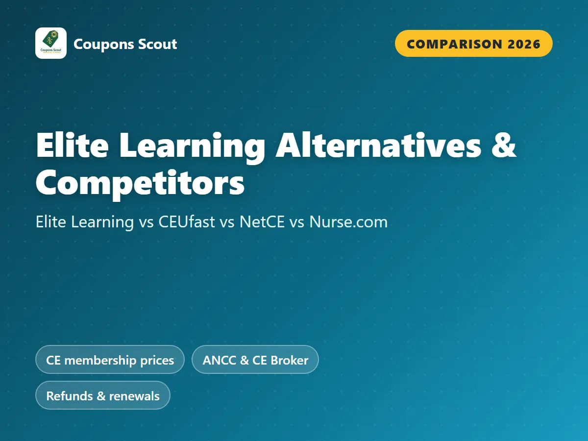 Elite Learning vs CEUfast vs NetCE vs Nurse.com nursing CE comparison cover for 2026 by Coupons Scout
