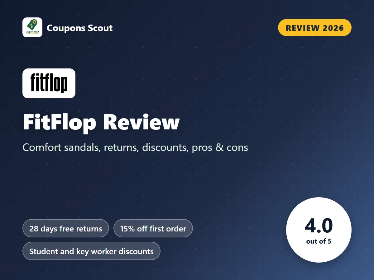 FitFlop review 2026 cover with score 4.0 out of 5 by Coupons Scout
