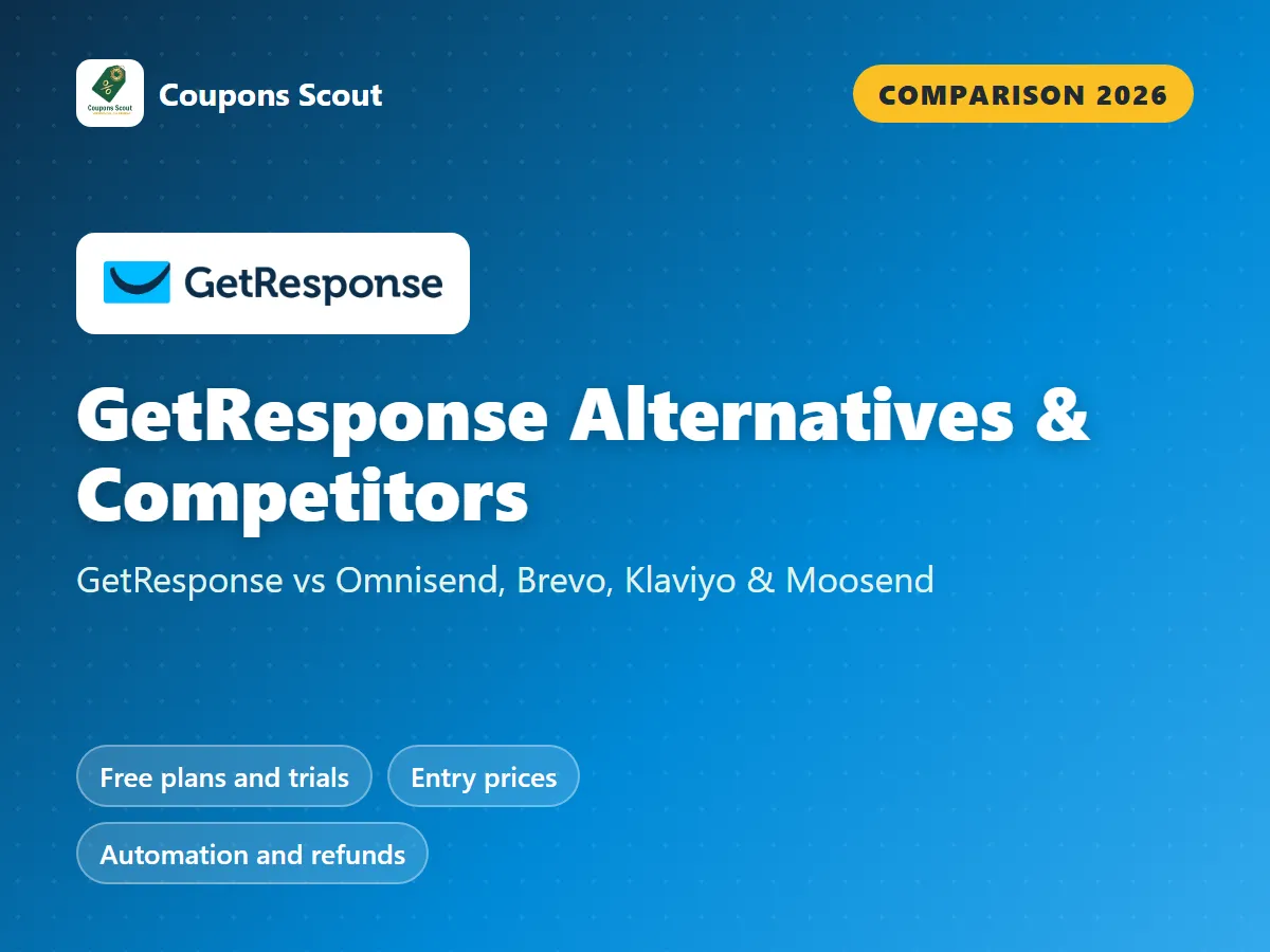 GetResponse vs Omnisend vs Brevo vs Klaviyo vs Moosend comparison cover for 2026 by Coupons Scout