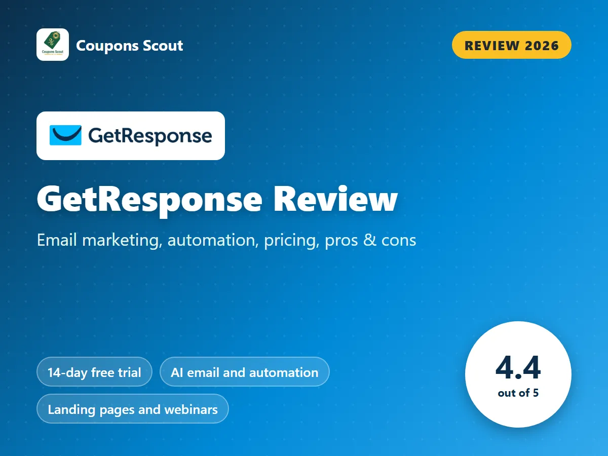 GetResponse review 2026 cover with score 4.4 out of 5 by Coupons Scout