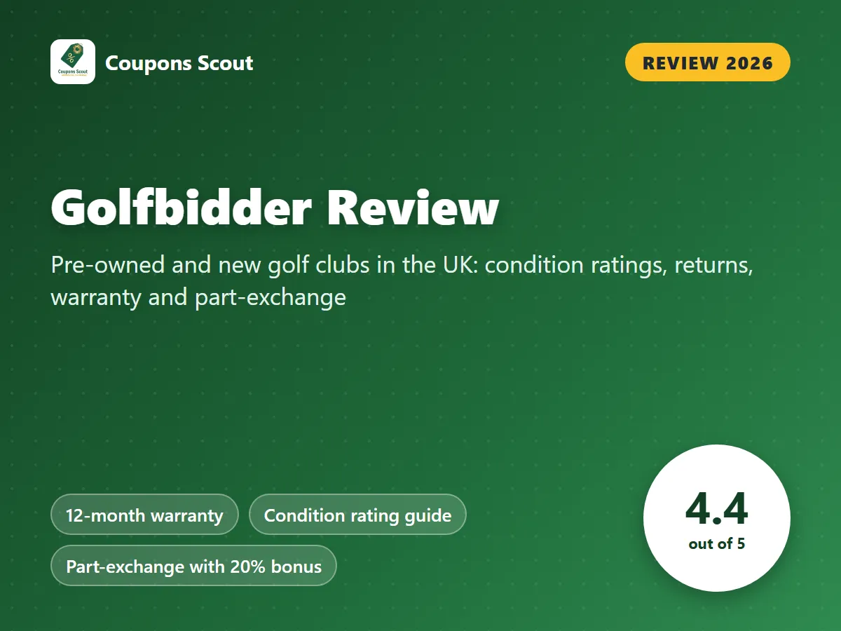 Golfbidder review 2026 cover with score 4.4 out of 5 by Coupons Scout