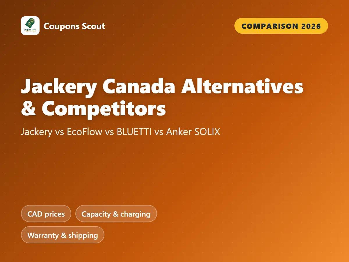 Jackery Canada vs EcoFlow vs BLUETTI vs Anker SOLIX power station comparison cover for 2026 by Coupons Scout