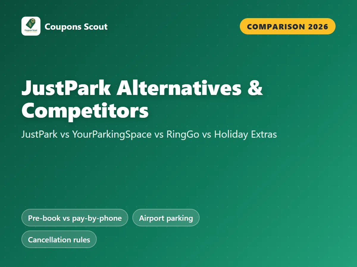 JustPark vs YourParkingSpace vs RingGo vs Holiday Extras comparison cover for 2026 by Coupons Scout