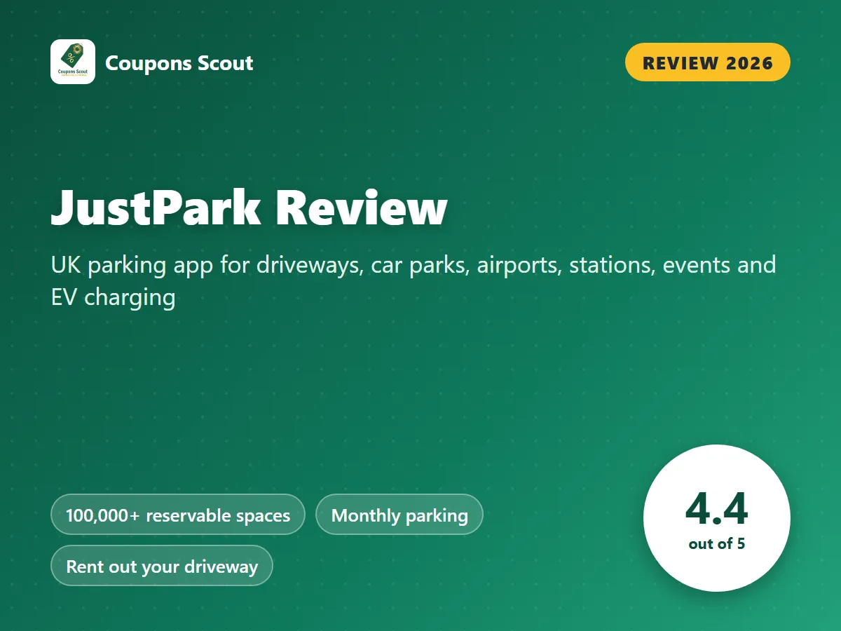 JustPark review 2026 cover with score 4.4 out of 5 by Coupons Scout