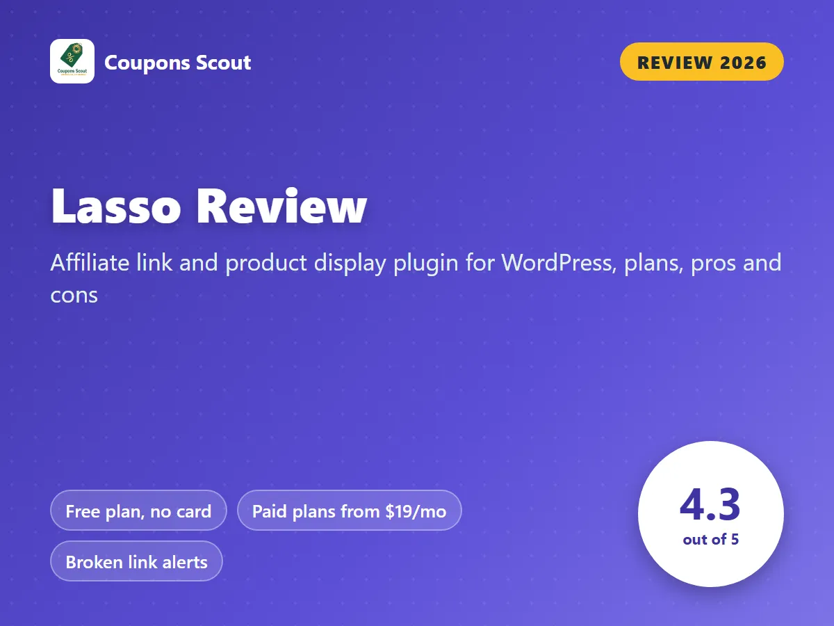 Lasso review 2026 cover with score 4.3 out of 5 by Coupons Scout