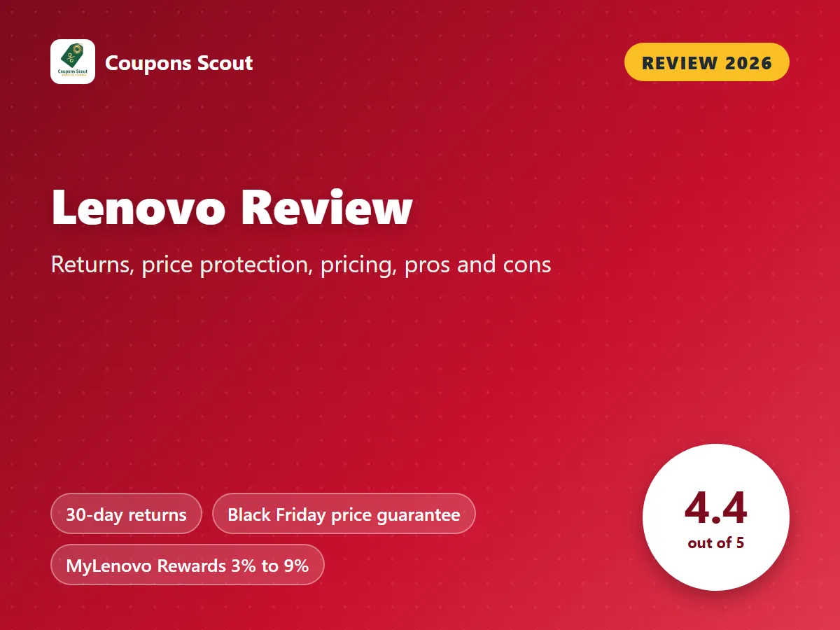 Lenovo review 2026 cover with score 4.4 out of 5 by Coupons Scout