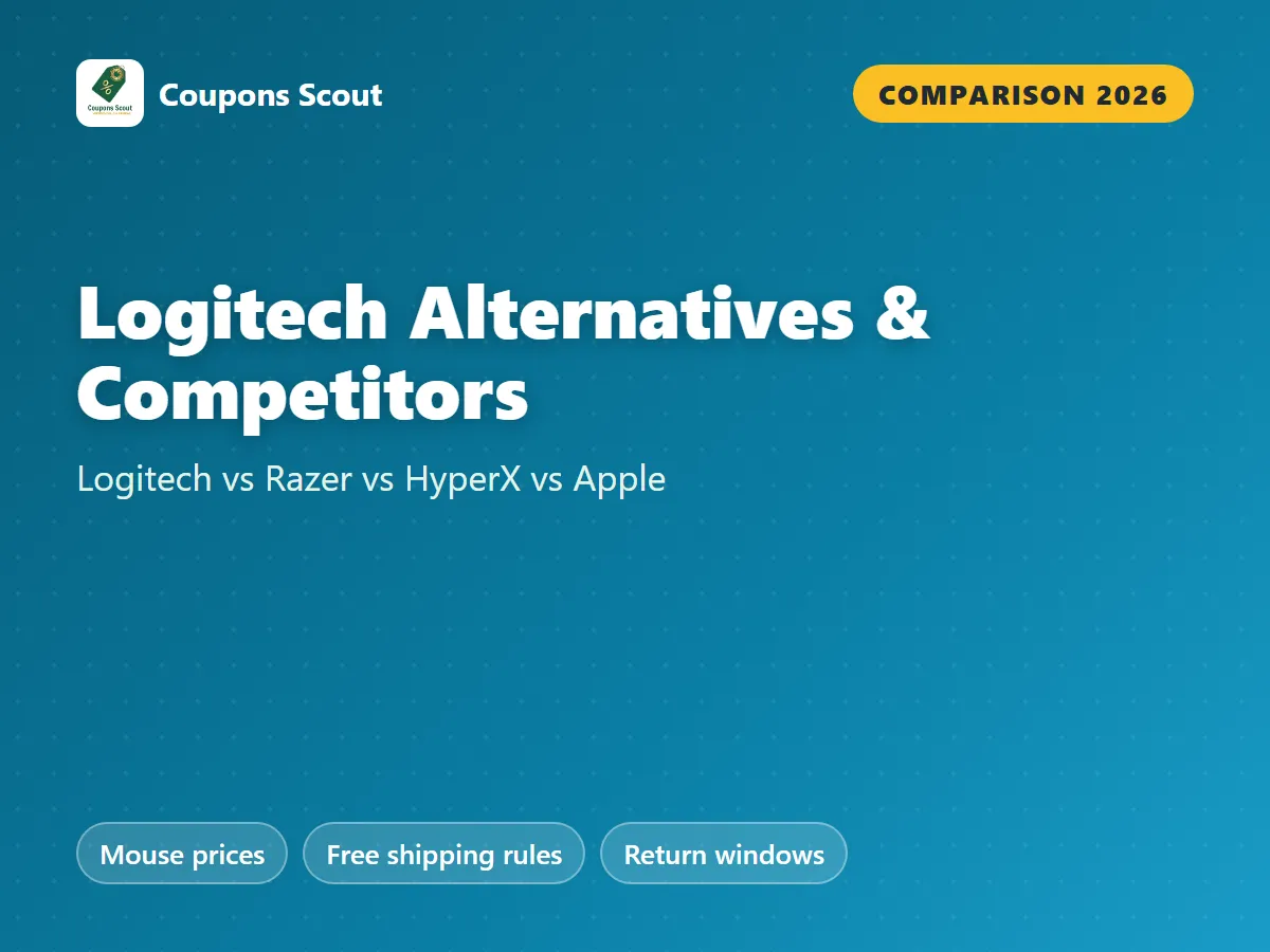 Logitech vs Razer vs HyperX vs Apple comparison cover for 2026 by Coupons Scout