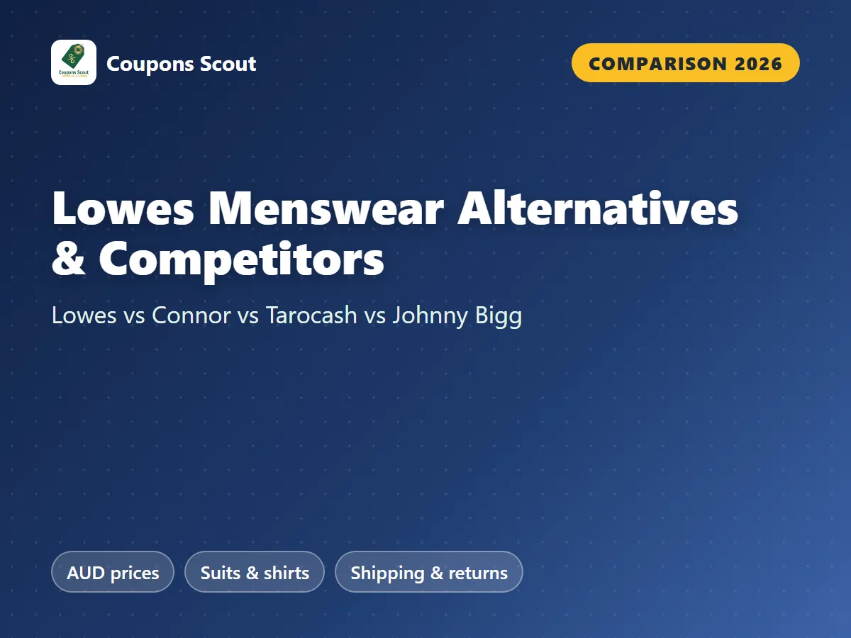 Lowes Menswear vs Connor vs Tarocash vs Johnny Bigg menswear comparison cover for 2026 by Coupons Scout