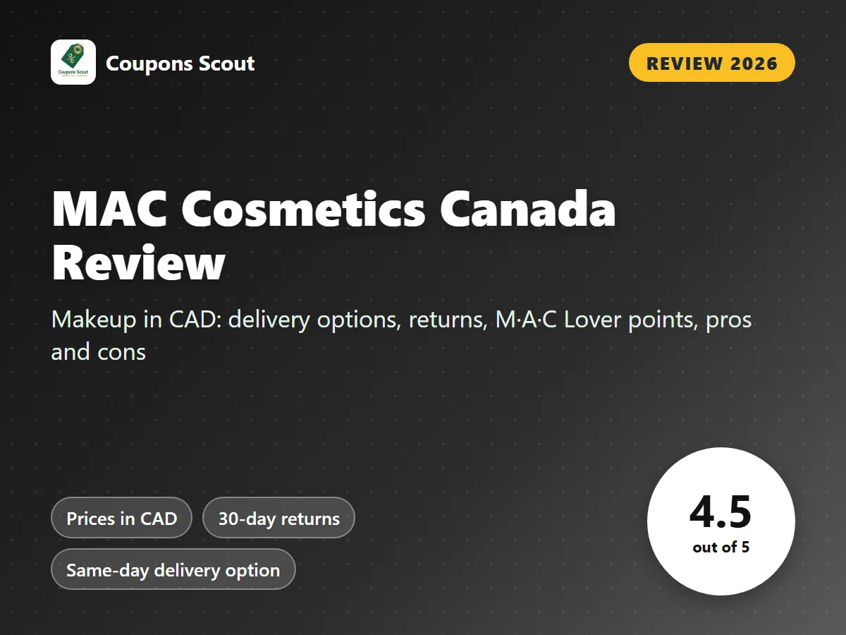 MAC Cosmetics Canada review 2026 cover with score 4.5 out of 5 by Coupons Scout