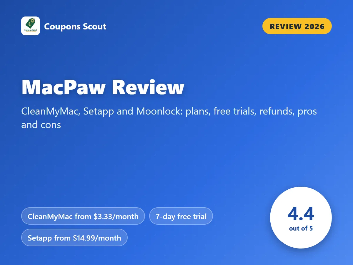 MacPaw review 2026 cover with score 4.4 out of 5 by Coupons Scout