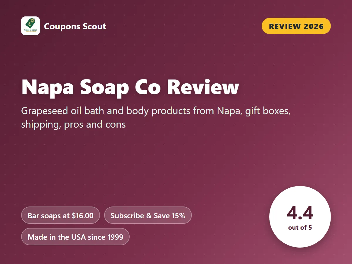 Napa Soap Co review 2026 cover with score 4.4 out of 5 by Coupons Scout