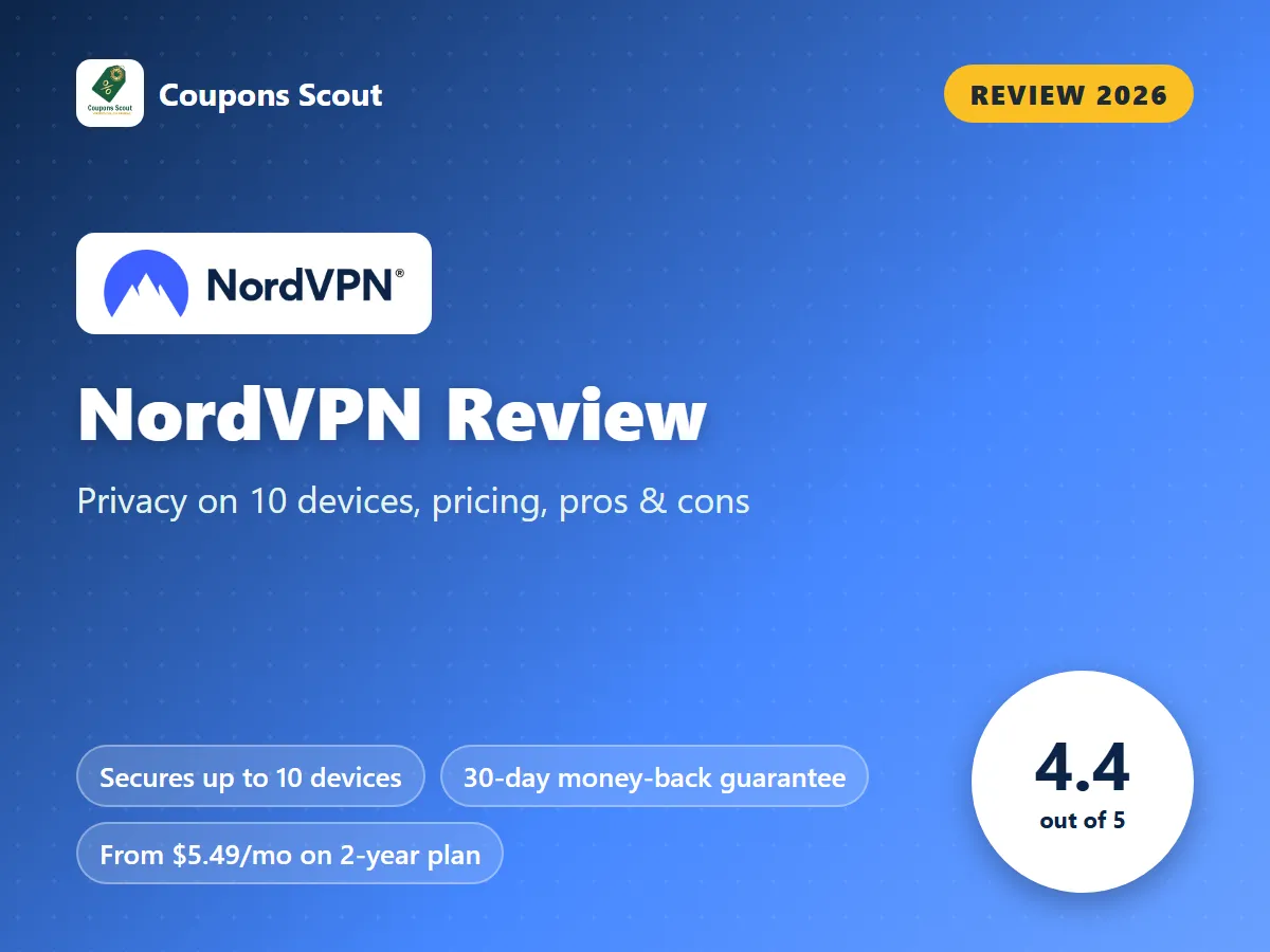 NordVPN review 2026 cover with score 4.4 out of 5 by Coupons Scout